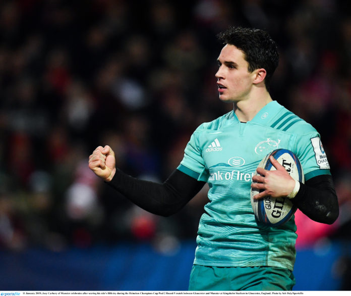 Joey Carbery of Munster celebrates after scoring his side's fifth try during the Heineken Champions Cup Pool 2 Round 5 match between Gloucester and Munster at Kingsholm Stadium in Gloucester, England. Photo by Seb Daly/Sportsfile