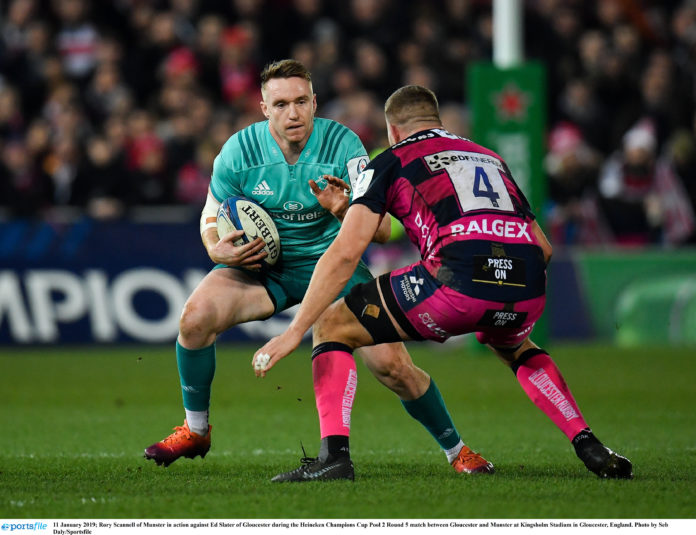 Rory Scannell of Munster in action against Ed Slater of Gloucester during the Heineken Champions Cup Pool 2 Round 5 match between Gloucester and Munster at Kingsholm Stadium in Gloucester, England. Photo by Seb Daly/Sportsfile