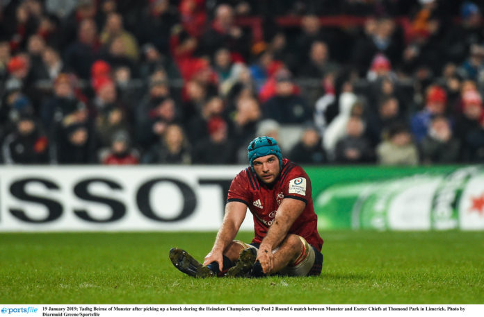 Tadhg Beirne of Munster after picking up a knock during the Heineken Champions Cup Pool 2 Round 6 match between Munster and Exeter Chiefs at Thomond Park in Limerick. Photo by Diarmuid Greene/Sportsfile