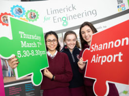 Cara Gupta, Alannah Keyes and Roisin Coakley from Laurel Hill Colaiste, Co. Limerick at the Limerick Institute of Technology for the 2019 Limerick for Engineering Showcase. Photo: Sean Curtin True Media