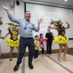 Paediatric Consultant John Twomey joins in a Samba dancing lesson given by Brazilian clinical student Nina Smalle at the multicultural day in UHL. Photo: Alan Place