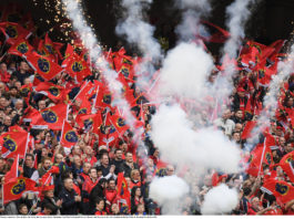 Munster supporters cheer on their side during the European Rugby Champions Cup Semi-Final match between Munster and Saracens at the Aviva Stadium in Dublin. Photo by Brendan Moran/Sportsfile