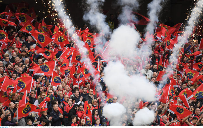 Munster supporters cheer on their side during the European Rugby Champions Cup Semi-Final match between Munster and Saracens at the Aviva Stadium in Dublin. Photo by Brendan Moran/Sportsfile