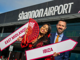 Pictured celebrating the new routes are Senorita Nina Smalle at a sunny Shannon Airport Co Clare today with Andrew Murphy, Managing Director Shannon Airport.pic Arthur Ellis.