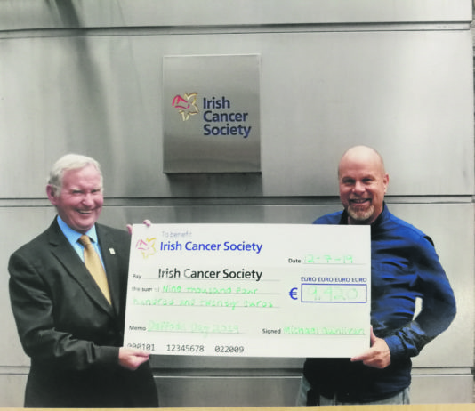 Michael Quinlan presenting a cheque for €9,420, the proceeds of his daffodil day fundraising 2019 to Paul Clements Supporter Services Officer irish Cancer society. This was the largest amount Michael has raised in his 31 years fundraising for Daffodil Day. To date he has raised €137,920