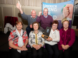 There were jubilant celebrations at the Limerick Going For Gold grand final this evening (Tuesday 08 October 2018) as the South Limerick village of Ardpatrick was named as overall winners of the Limerick Going For Gold competition for 2019. Fresh from their Bronze Medal in the National Tidy Towns last week, the party continued as judges awarded Ardpatrick with the top prize in the Going For Gold competition. Pictured are members of the Ardpatrick Tidy Towns Committeee celebrating their win, front row left to right, Eileen O'Sullivan, Peggy Lee, Ann McGrath and Catherine Herbert, back row left to right, David Best and Pat Casey. Photo by Alan Place