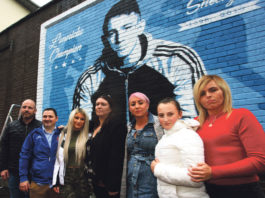 At the unveiling of the mural at St Francis Boxing Club were (from left) Kevin Sheehy Snr, Ken Moore, Emma Colbert, Marion Moore, Tracey Tully, Simone Tully and Cassidy Manning. Photo: Brendan Gleeson