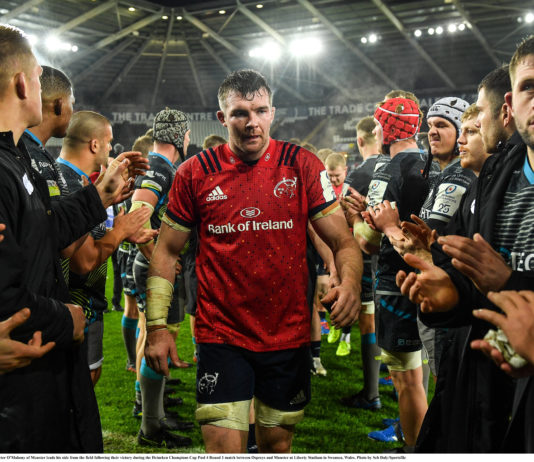 Peter O' Mahony of Munster leads his side from the field following their victory during the Heineken Champions Cup Pool 4 Round 1 match between Ospreys and Munster at Liberty Stadium in Swansea, Wales. Photo by Seb Daly/Sportsfile