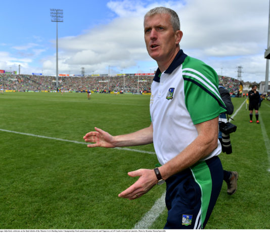 Limerick manager John Kiely celebrates at the final whistle of the Munster GAA Hurling Senior Championship Final match between Limerick and Tipperary at LIT Gaelic Grounds in Limerick. Photo by Brendan Moran/Sportsfile