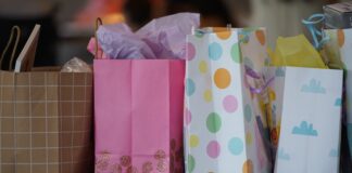 pink white and yellow polka dot paper bag